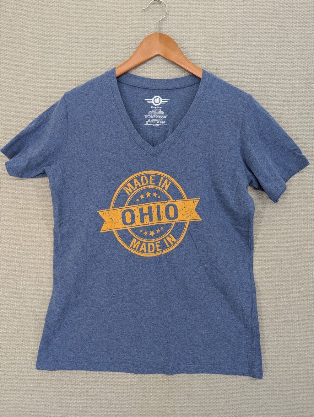 Made In Ohio TShirt Size Large VNeck Mad Engine Blue -0325D103